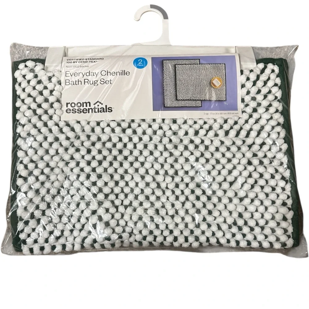 Room Essentials Chenille Bath Mat Set in Green and White NWT